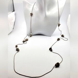 Silver sway nugget necklace w floating pearl‎ accents N2225